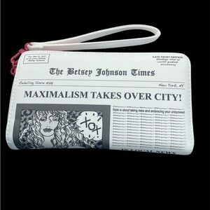 Betsey Johnson Newspaper Print White Faux Leather Wallet Zip Around + Strap NWT